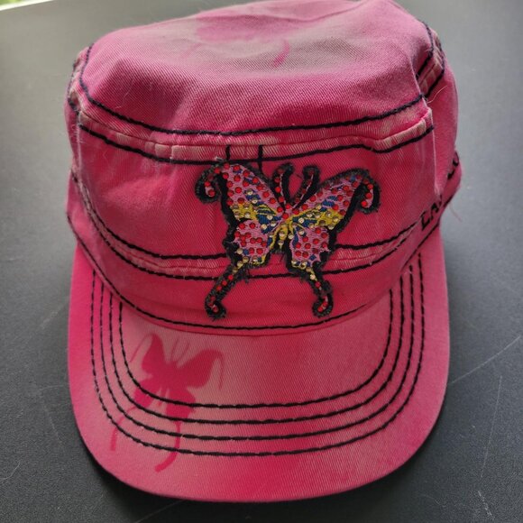 Las Vegas Pink Hat Women's Embellished Butterfly Adjustable Flat Top Cap - Picture 1 of 3